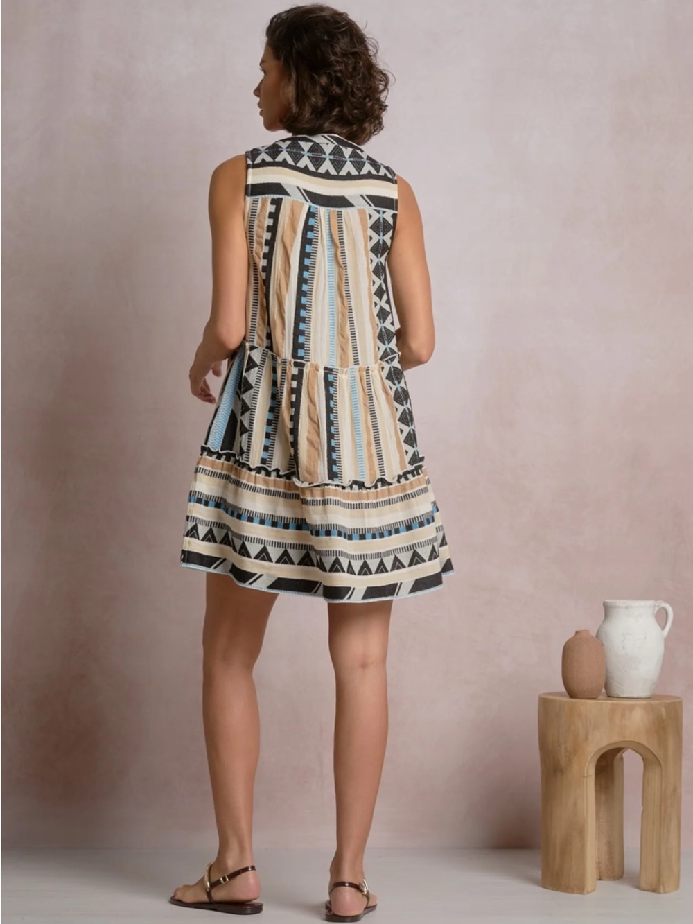 NWT Elan Boho Tribal Print Sleeveless Mini Dress Neutral Beige Black Blue Dress - Picture 5 of 5